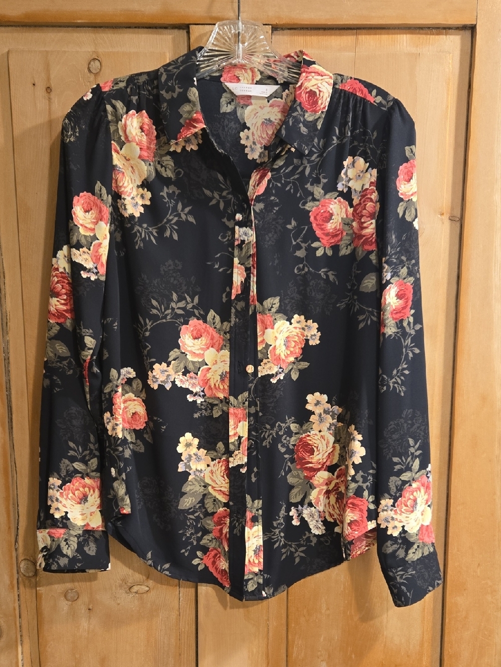 LC Lauren Conrad Black Button-Down Shirt with Pink and Cream Floral Print